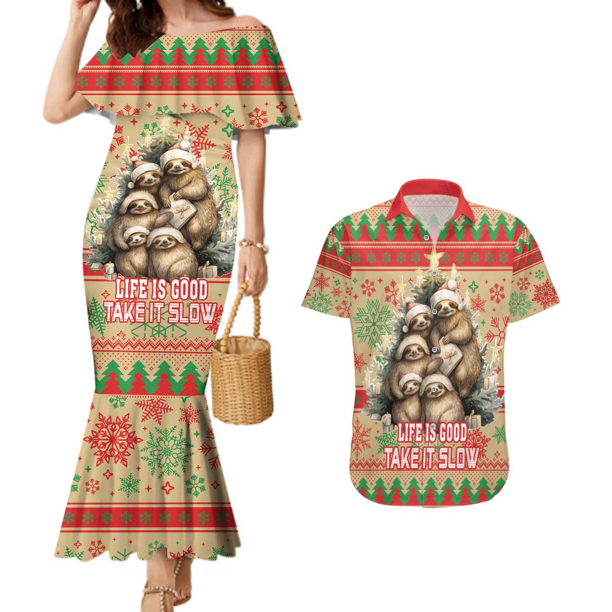 Slothy Christmas Couples Matching Mermaid Dress and Hawaiian Shirt Life Is Good Take It Slow - Wonder Print Shop