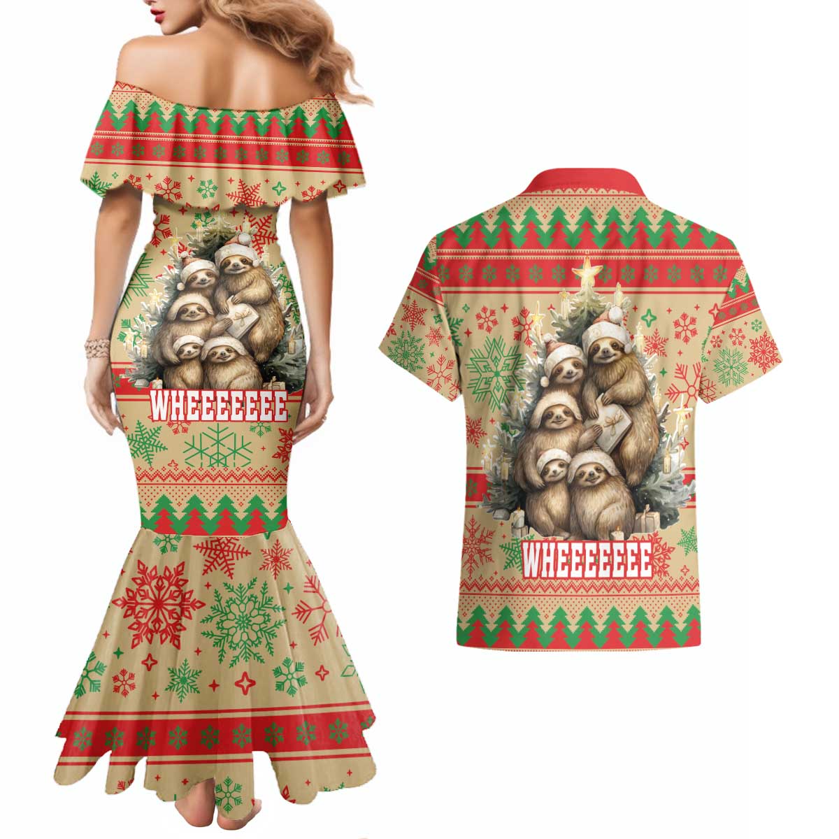 Slothy Christmas Couples Matching Mermaid Dress and Hawaiian Shirt Life Is Good Take It Slow - Wonder Print Shop
