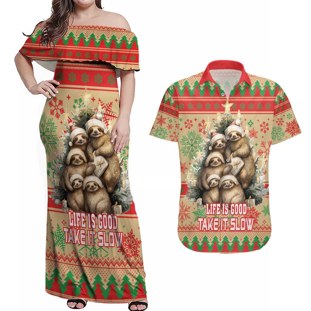 Slothy Christmas Couples Matching Off Shoulder Maxi Dress and Hawaiian Shirt Life Is Good Take It Slow - Wonder Print Shop