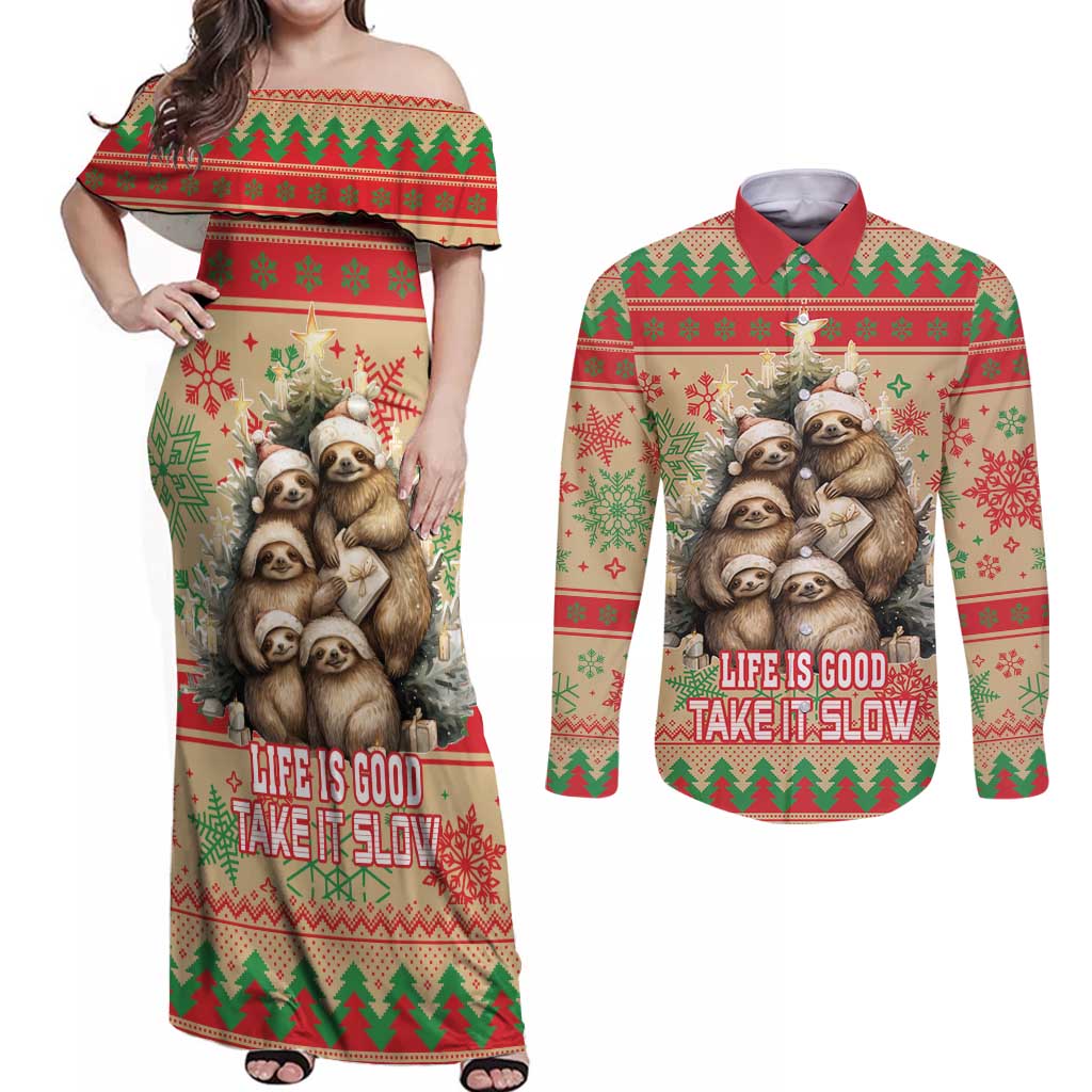 Slothy Christmas Couples Matching Off Shoulder Maxi Dress and Long Sleeve Button Shirt Life Is Good Take It Slow - Wonder Print Shop