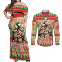 Slothy Christmas Couples Matching Off Shoulder Maxi Dress and Long Sleeve Button Shirt Life Is Good Take It Slow - Wonder Print Shop