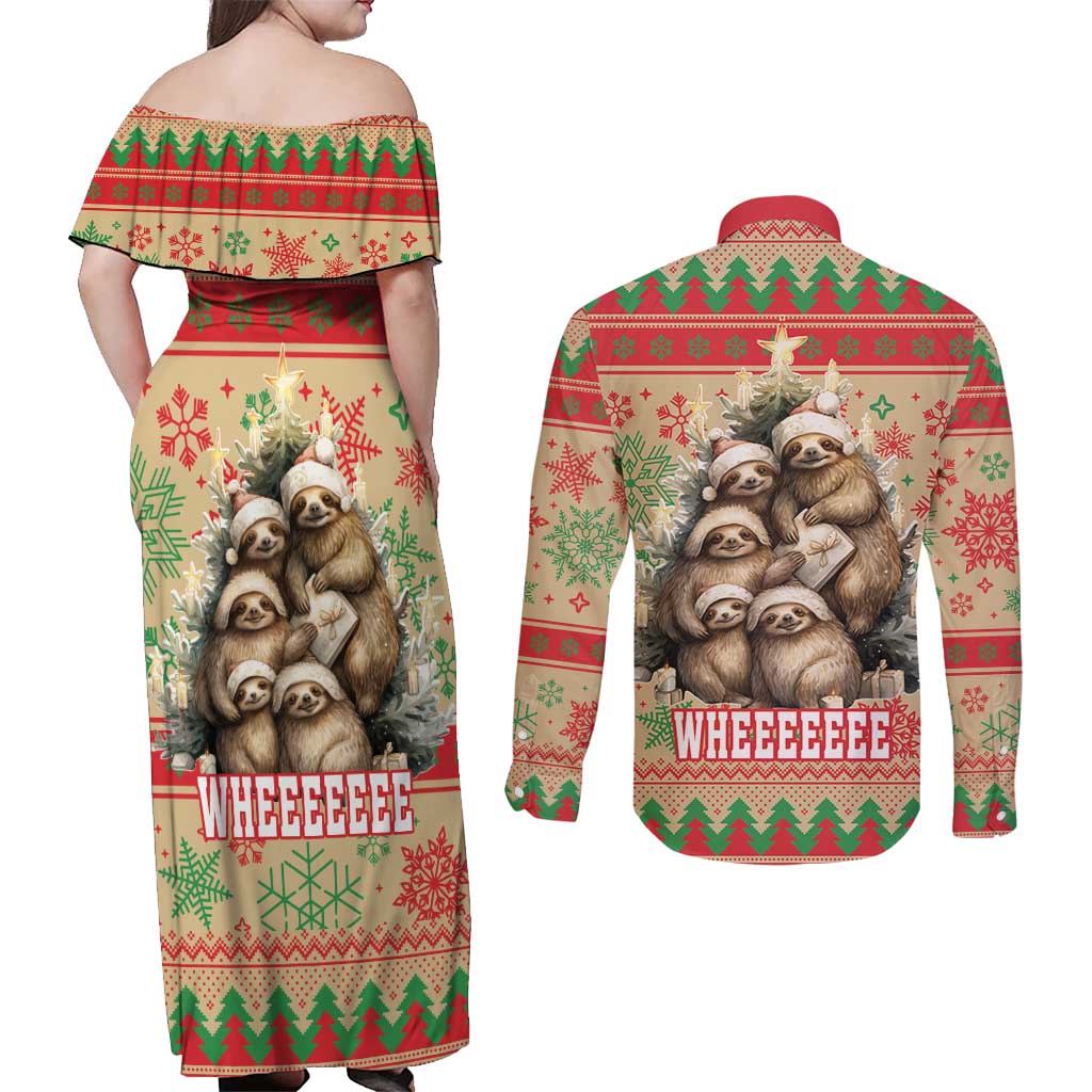 Slothy Christmas Couples Matching Off Shoulder Maxi Dress and Long Sleeve Button Shirt Life Is Good Take It Slow - Wonder Print Shop