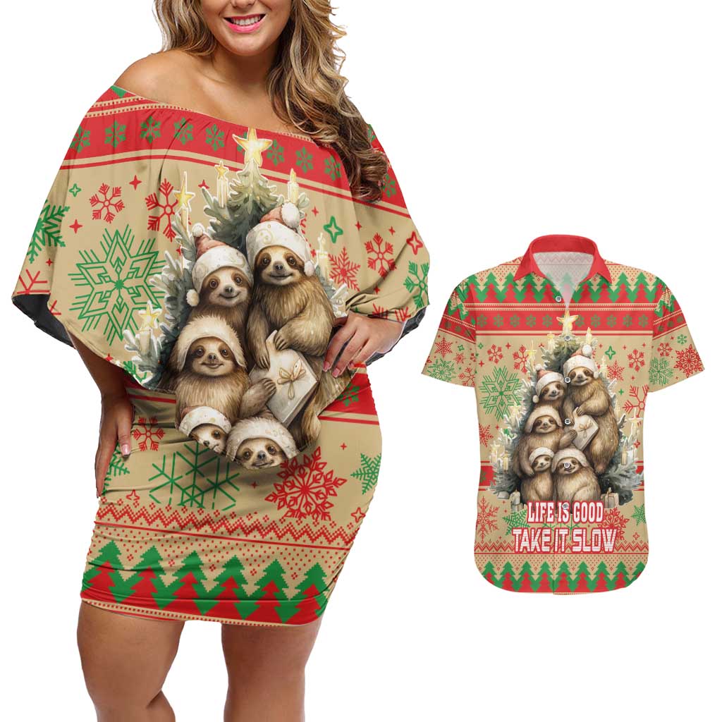 Slothy Christmas Couples Matching Off Shoulder Short Dress and Hawaiian Shirt Life Is Good Take It Slow - Wonder Print Shop
