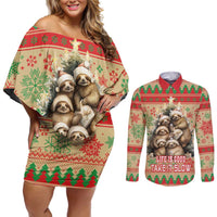 Slothy Christmas Couples Matching Off Shoulder Short Dress and Long Sleeve Button Shirt Life Is Good Take It Slow - Wonder Print Shop