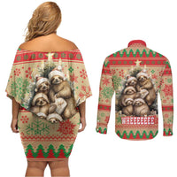 Slothy Christmas Couples Matching Off Shoulder Short Dress and Long Sleeve Button Shirt Life Is Good Take It Slow - Wonder Print Shop