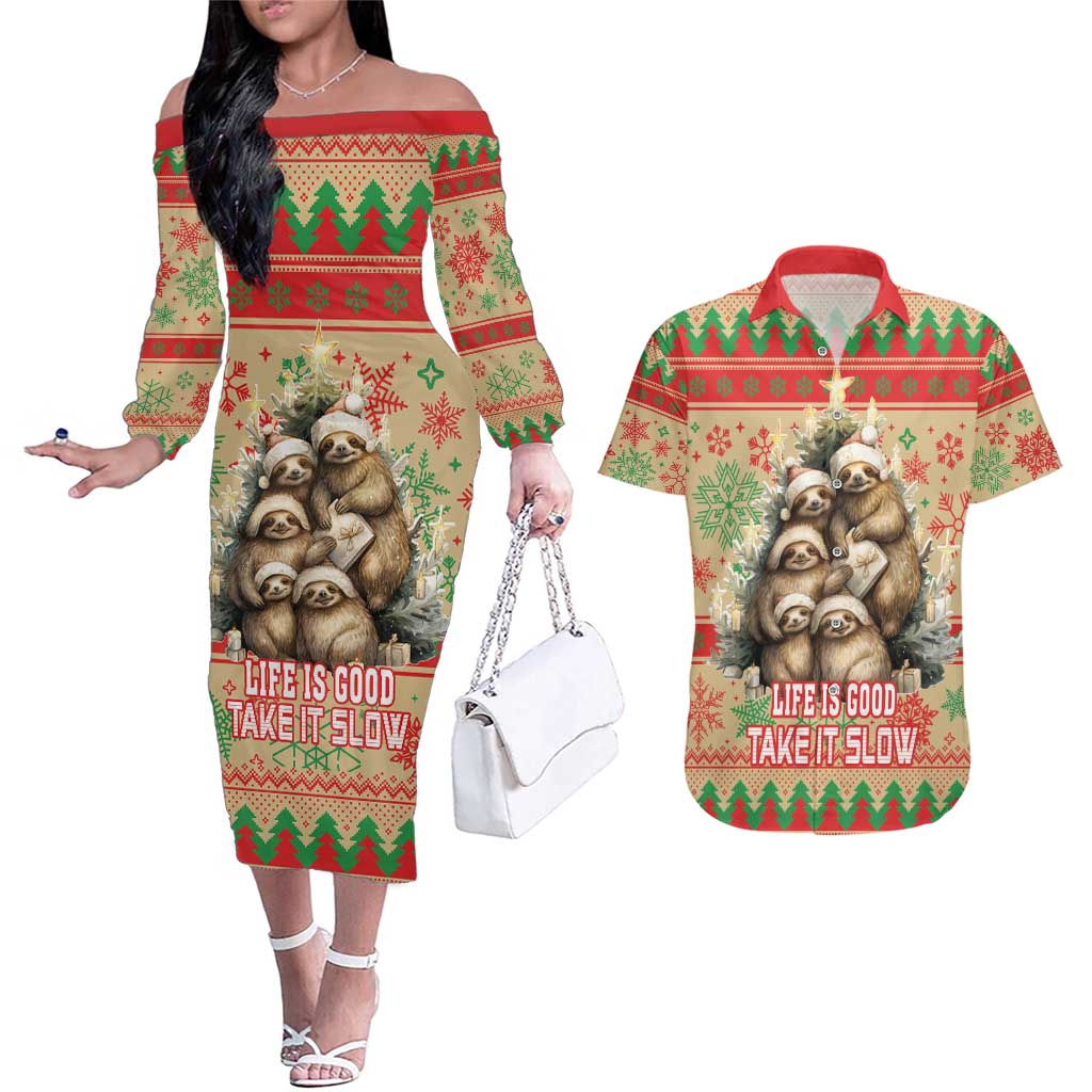 Slothy Christmas Couples Matching Off The Shoulder Long Sleeve Dress and Hawaiian Shirt Life Is Good Take It Slow - Wonder Print Shop