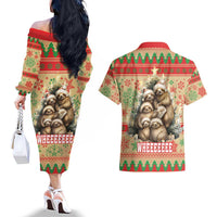 Slothy Christmas Couples Matching Off The Shoulder Long Sleeve Dress and Hawaiian Shirt Life Is Good Take It Slow - Wonder Print Shop