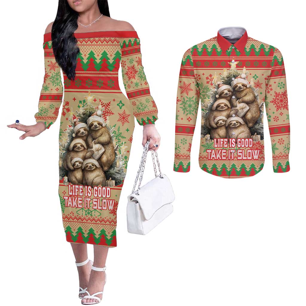 Slothy Christmas Couples Matching Off The Shoulder Long Sleeve Dress and Long Sleeve Button Shirt Life Is Good Take It Slow