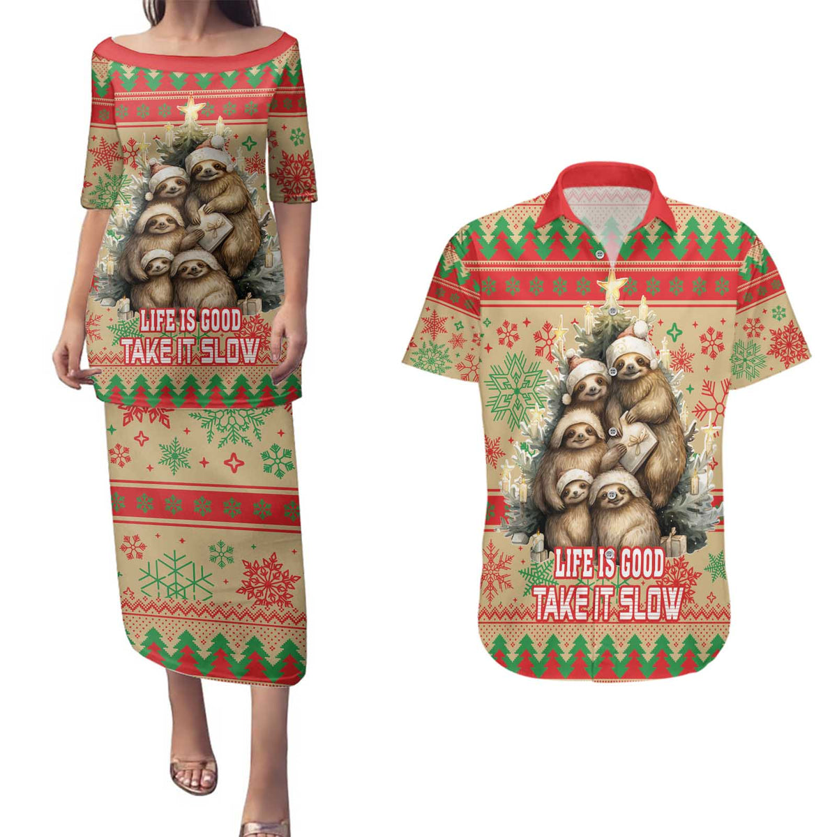 Slothy Christmas Couples Matching Puletasi and Hawaiian Shirt Life Is Good Take It Slow - Wonder Print Shop