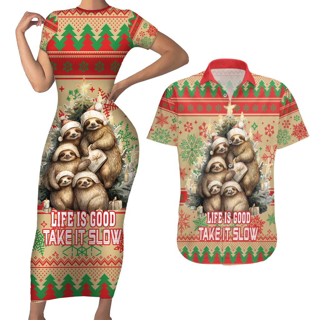 Slothy Christmas Couples Matching Short Sleeve Bodycon Dress and Hawaiian Shirt Life Is Good Take It Slow - Wonder Print Shop