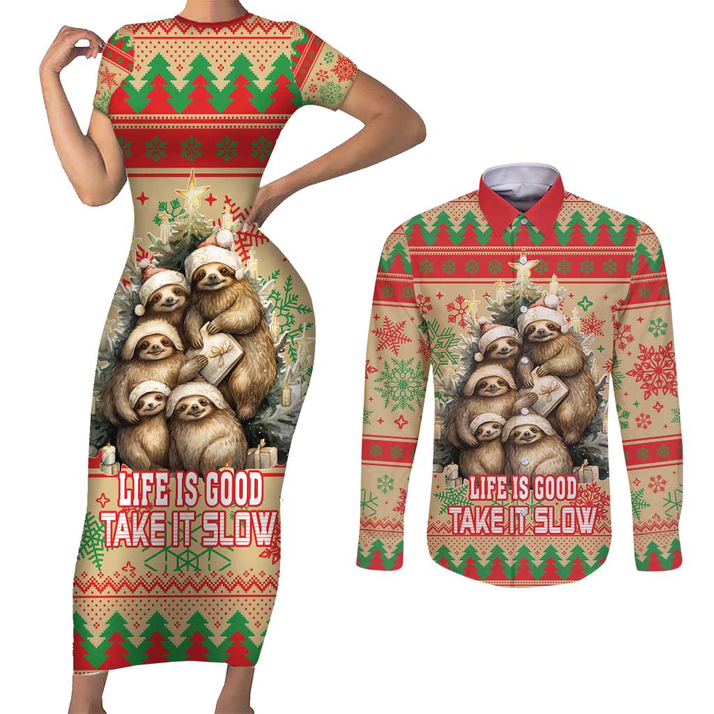 Slothy Christmas Couples Matching Short Sleeve Bodycon Dress and Long Sleeve Button Shirt Life Is Good Take It Slow - Wonder Print Shop