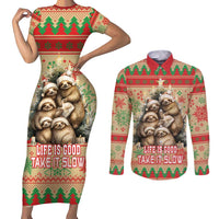 Slothy Christmas Couples Matching Short Sleeve Bodycon Dress and Long Sleeve Button Shirt Life Is Good Take It Slow - Wonder Print Shop