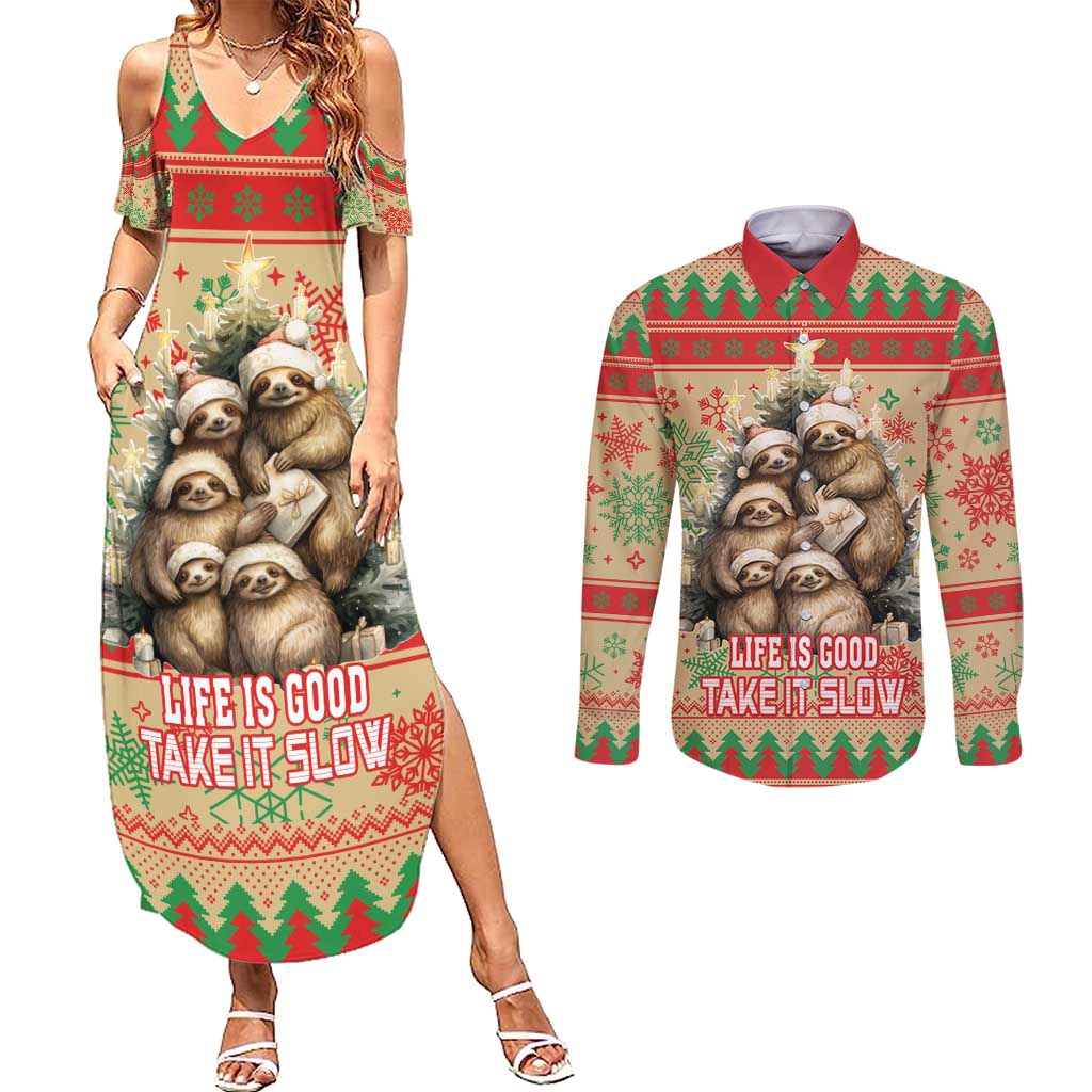 Slothy Christmas Couples Matching Summer Maxi Dress and Long Sleeve Button Shirt Life Is Good Take It Slow - Wonder Print Shop