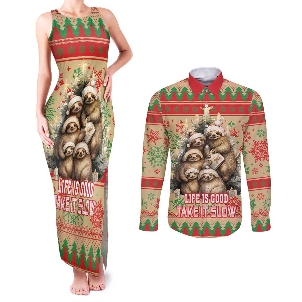 Slothy Christmas Couples Matching Tank Maxi Dress and Long Sleeve Button Shirt Life Is Good Take It Slow - Wonder Print Shop