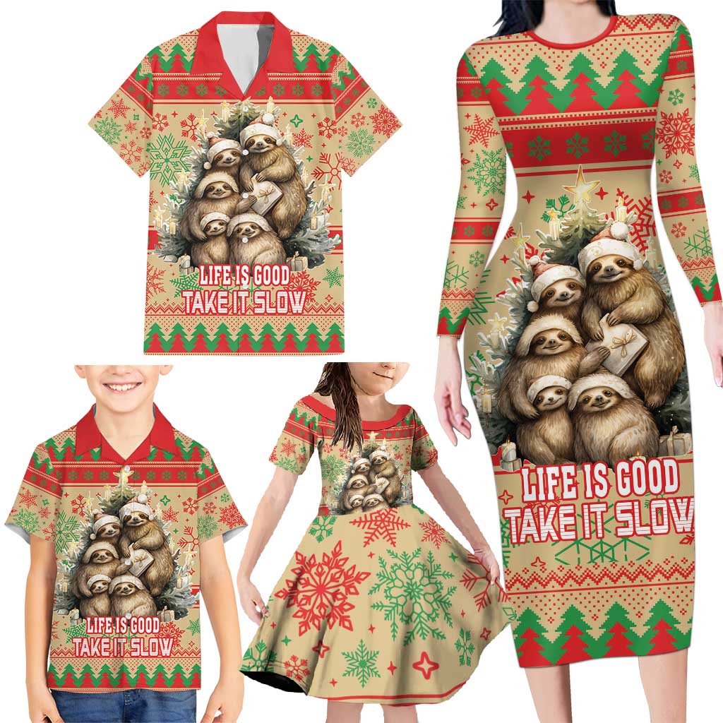 Slothy Christmas Family Matching Long Sleeve Bodycon Dress and Hawaiian Shirt Life Is Good Take It Slow - Wonder Print Shop