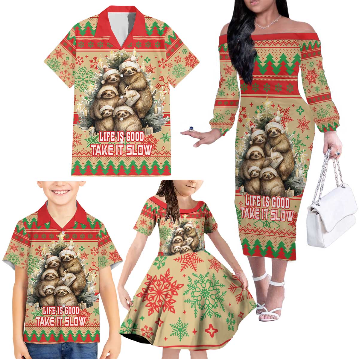 Slothy Christmas Family Matching Off The Shoulder Long Sleeve Dress and Hawaiian Shirt Life Is Good Take It Slow - Wonder Print Shop