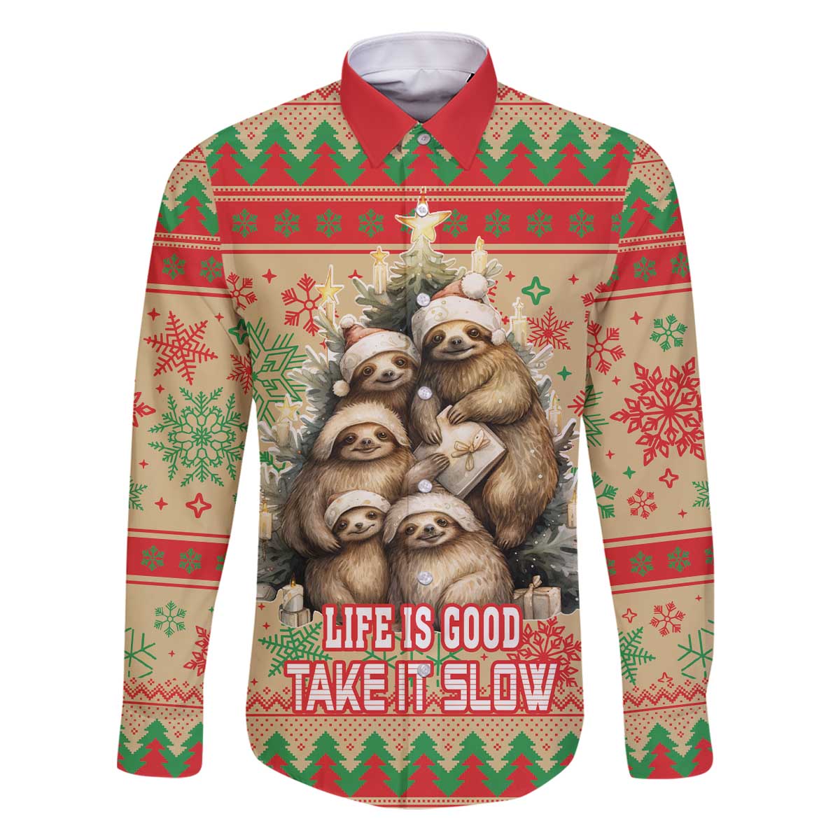 Slothy Christmas Family Matching Off The Shoulder Long Sleeve Dress and Hawaiian Shirt Life Is Good Take It Slow - Wonder Print Shop