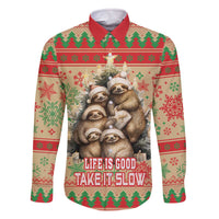 Slothy Christmas Family Matching Off The Shoulder Long Sleeve Dress and Hawaiian Shirt Life Is Good Take It Slow - Wonder Print Shop