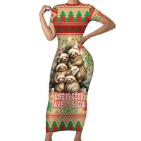 Slothy Christmas Family Matching Short Sleeve Bodycon Dress and Hawaiian Shirt Life Is Good Take It Slow - Wonder Print Shop
