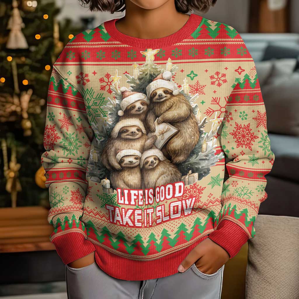 Slothy Christmas Kid Ugly Christmas Sweater Life Is Good Take It Slow - Wonder Print Shop