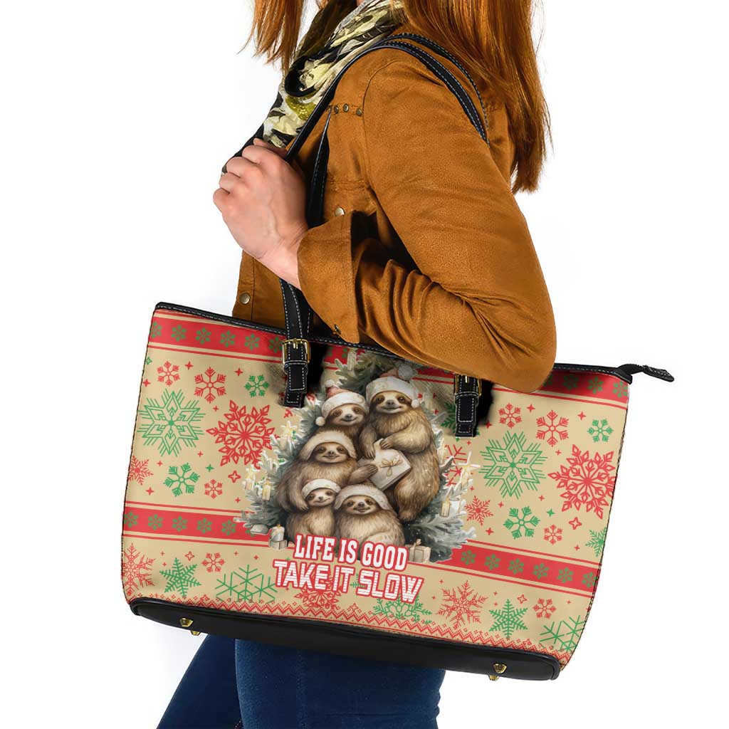 Slothy Christmas Leather Tote Bag Life Is Good Take It Slow - Wonder Print Shop