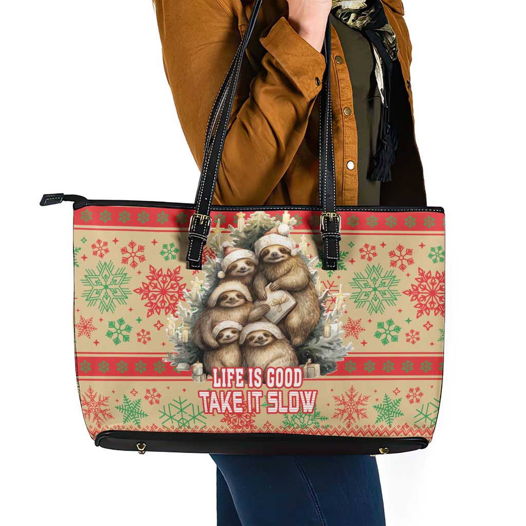 Slothy Christmas Leather Tote Bag Life Is Good Take It Slow - Wonder Print Shop
