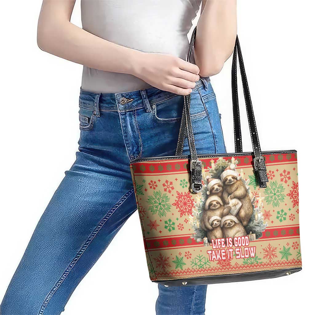 Slothy Christmas Leather Tote Bag Life Is Good Take It Slow - Wonder Print Shop