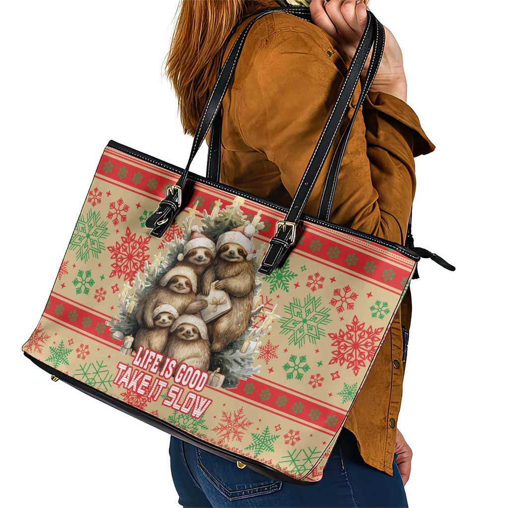 Slothy Christmas Leather Tote Bag Life Is Good Take It Slow - Wonder Print Shop