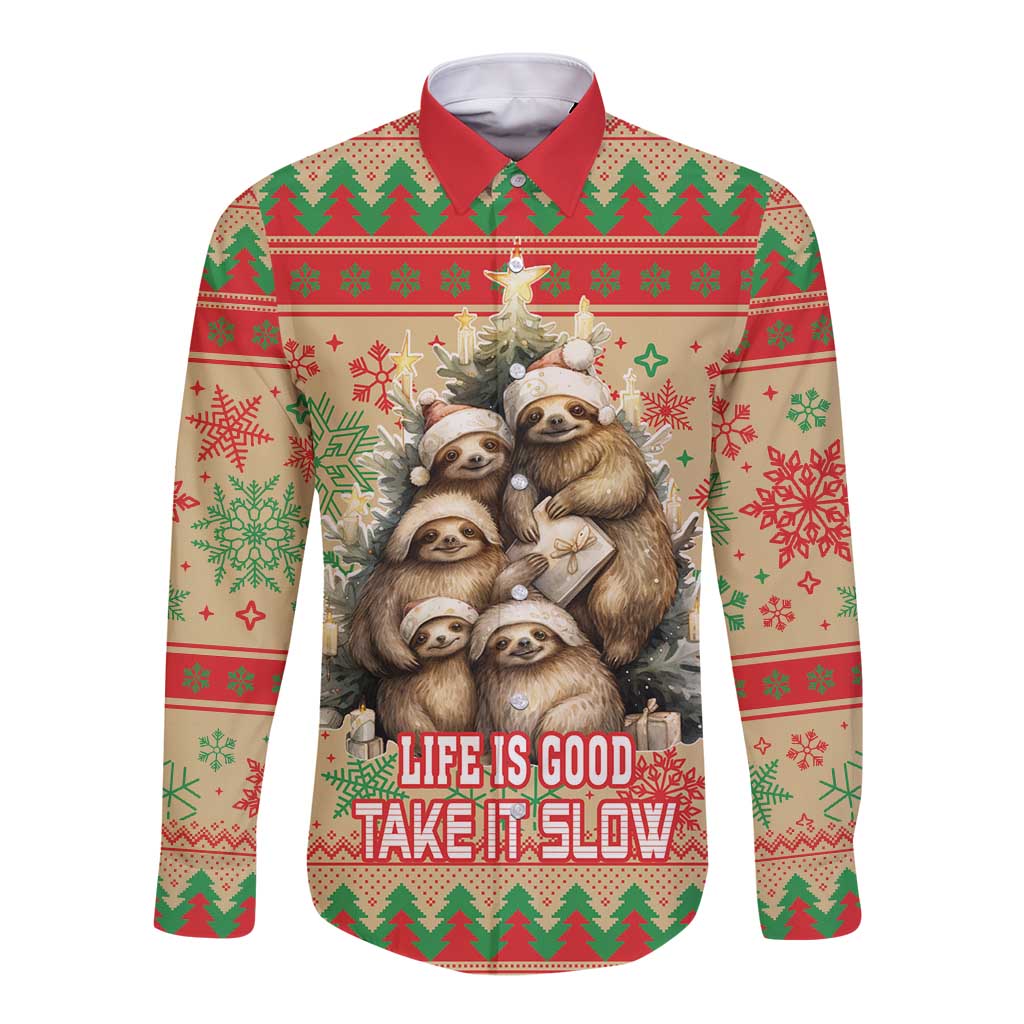 Slothy Christmas Long Sleeve Button Shirt Life Is Good Take It Slow - Wonder Print Shop