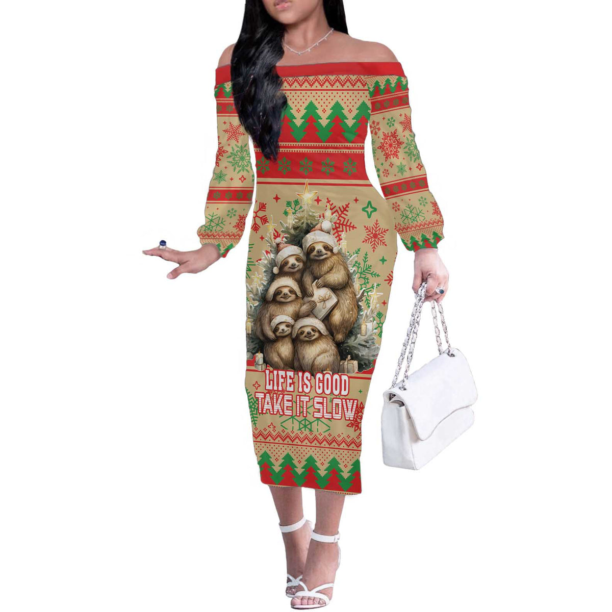 Slothy Christmas Off The Shoulder Long Sleeve Dress Life Is Good Take It Slow - Wonder Print Shop