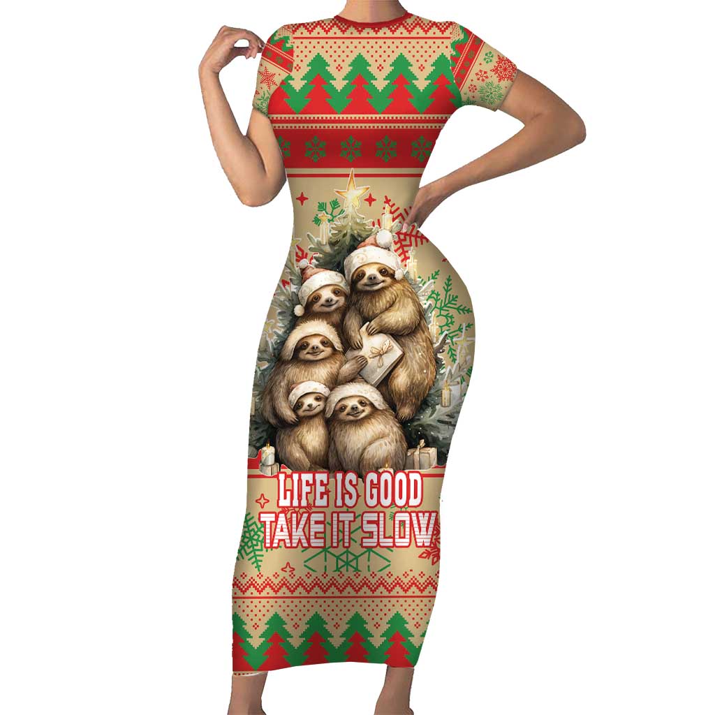 Slothy Christmas Short Sleeve Bodycon Dress Life Is Good Take It Slow - Wonder Print Shop