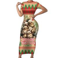 Slothy Christmas Short Sleeve Bodycon Dress Life Is Good Take It Slow - Wonder Print Shop