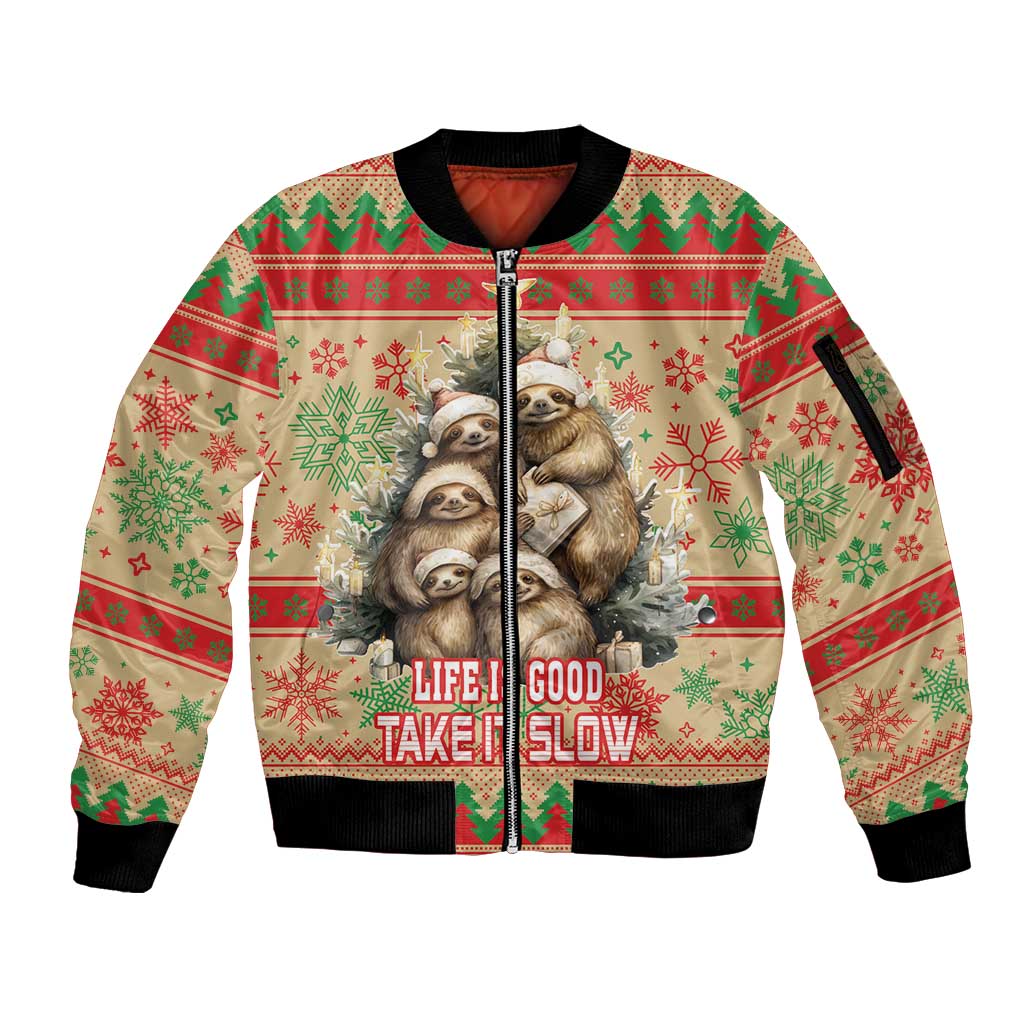 Slothy Christmas Sleeve Zip Bomber Jacket Life Is Good Take It Slow - Wonder Print Shop