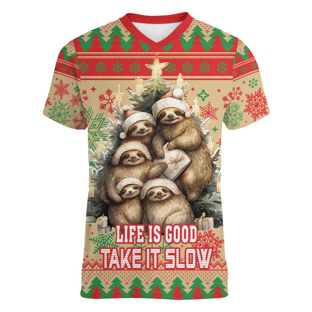 Slothy Christmas Women V-Neck T-Shirt Life Is Good Take It Slow - Wonder Print Shop
