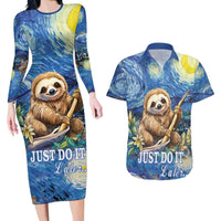 Sloth Starry Night Couples Matching Long Sleeve Bodycon Dress and Hawaiian Shirt I'm Not Lazy - Wonder Print Shop