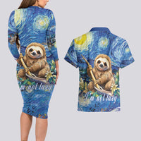 Sloth Starry Night Couples Matching Long Sleeve Bodycon Dress and Hawaiian Shirt I'm Not Lazy - Wonder Print Shop