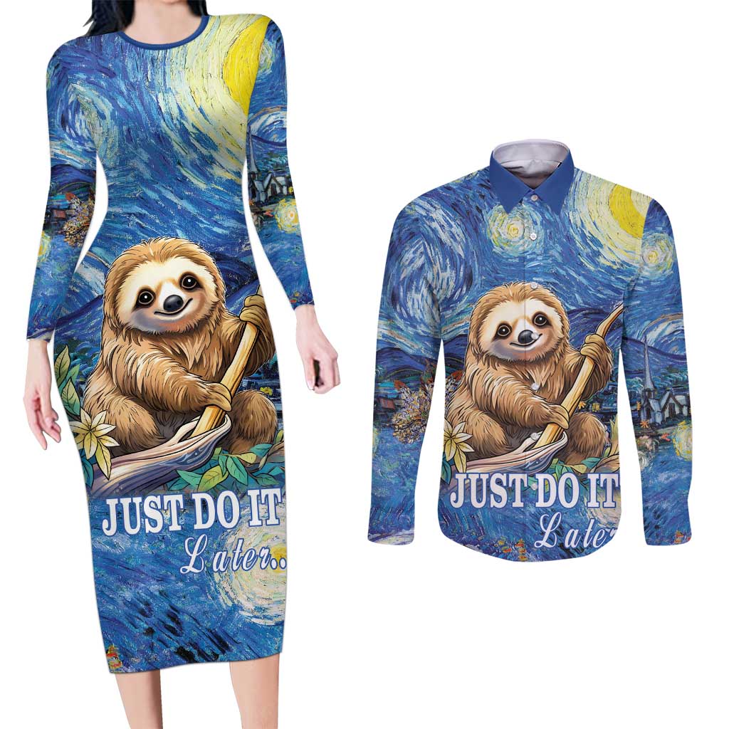 Sloth Starry Night Couples Matching Long Sleeve Bodycon Dress and Long Sleeve Button Shirt I'm Not Lazy - Wonder Print Shop