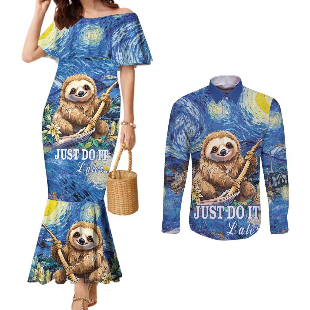 Sloth Starry Night Couples Matching Mermaid Dress and Long Sleeve Button Shirt I'm Not Lazy