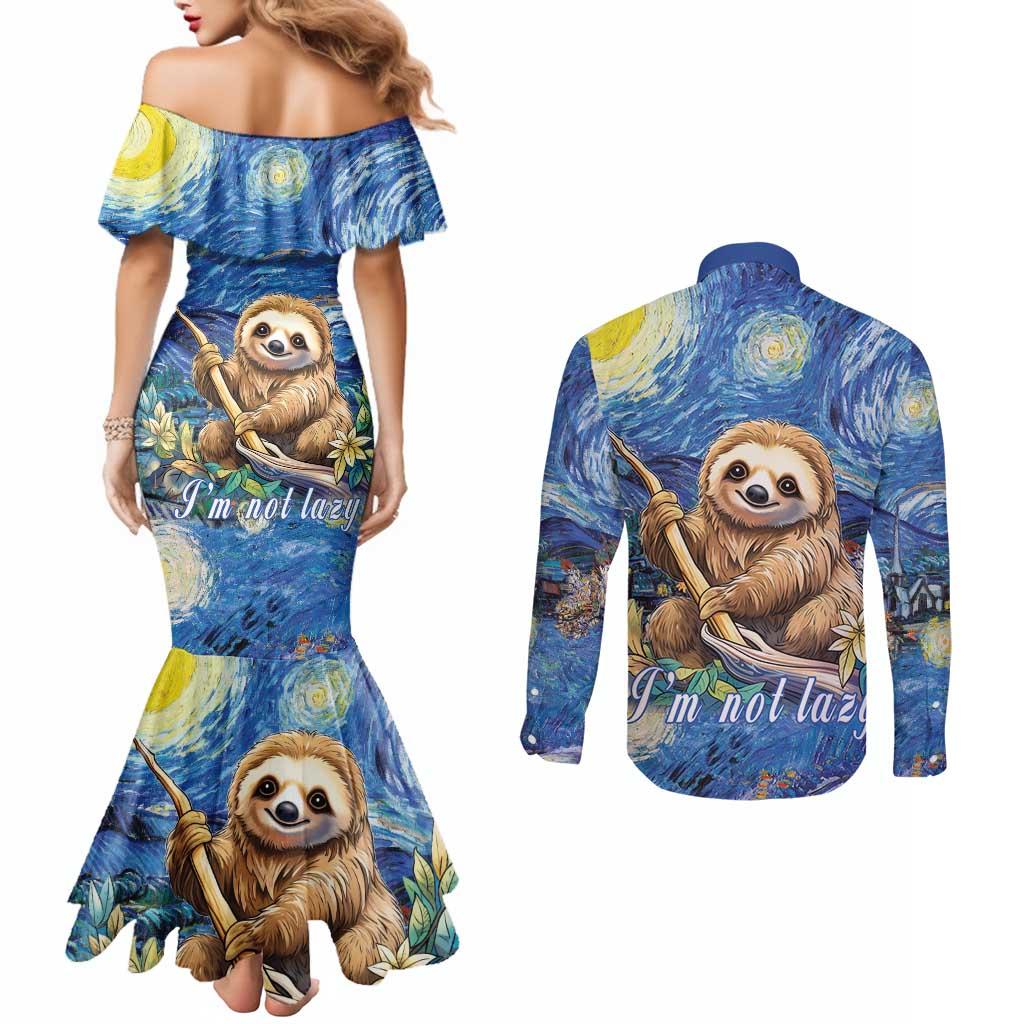 Sloth Starry Night Couples Matching Mermaid Dress and Long Sleeve Button Shirt I'm Not Lazy