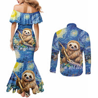 Sloth Starry Night Couples Matching Mermaid Dress and Long Sleeve Button Shirt I'm Not Lazy
