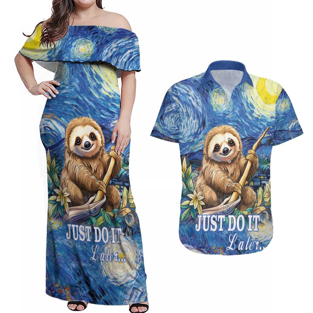 Sloth Starry Night Couples Matching Off Shoulder Maxi Dress and Hawaiian Shirt I'm Not Lazy - Wonder Print Shop