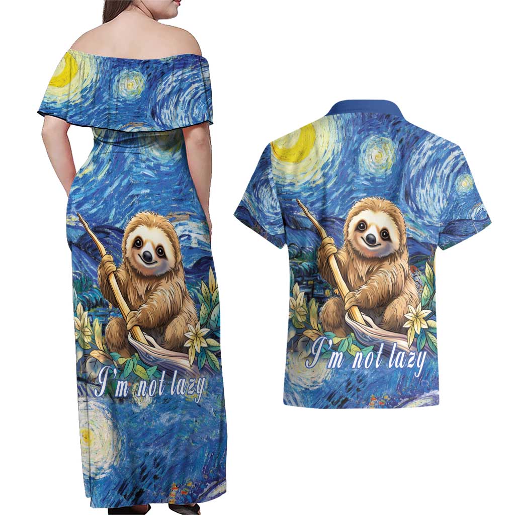 Sloth Starry Night Couples Matching Off Shoulder Maxi Dress and Hawaiian Shirt I'm Not Lazy - Wonder Print Shop