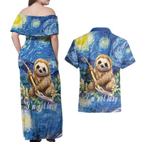Sloth Starry Night Couples Matching Off Shoulder Maxi Dress and Hawaiian Shirt I'm Not Lazy - Wonder Print Shop