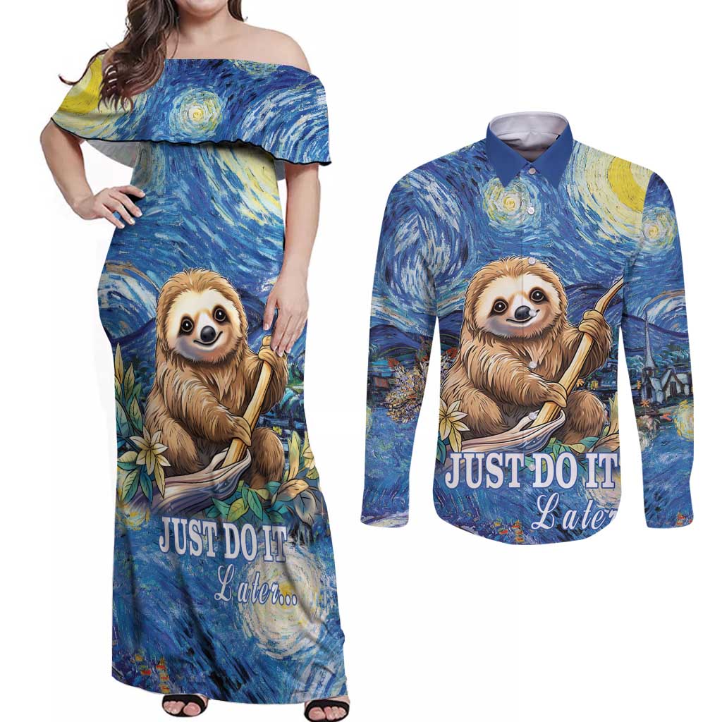 Sloth Starry Night Couples Matching Off Shoulder Maxi Dress and Long Sleeve Button Shirt I'm Not Lazy - Wonder Print Shop