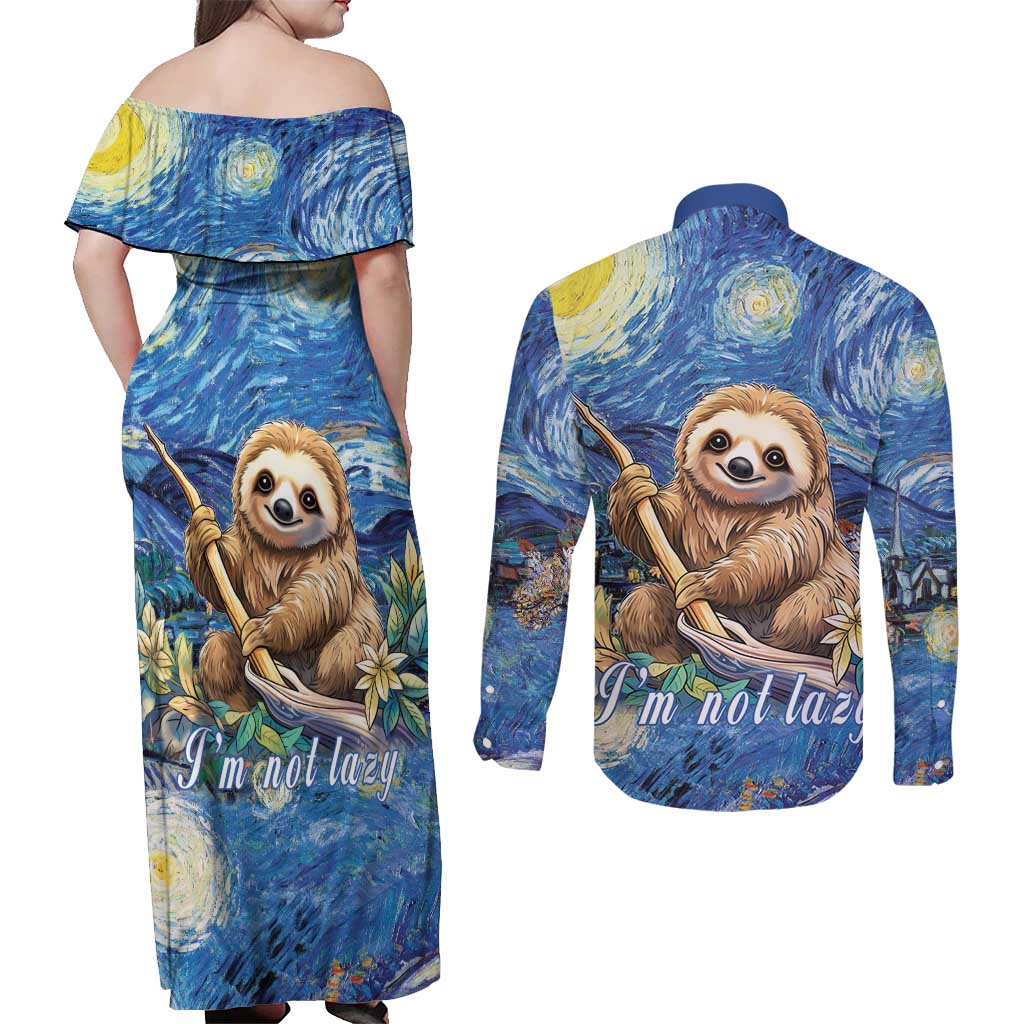 Sloth Starry Night Couples Matching Off Shoulder Maxi Dress and Long Sleeve Button Shirt I'm Not Lazy - Wonder Print Shop