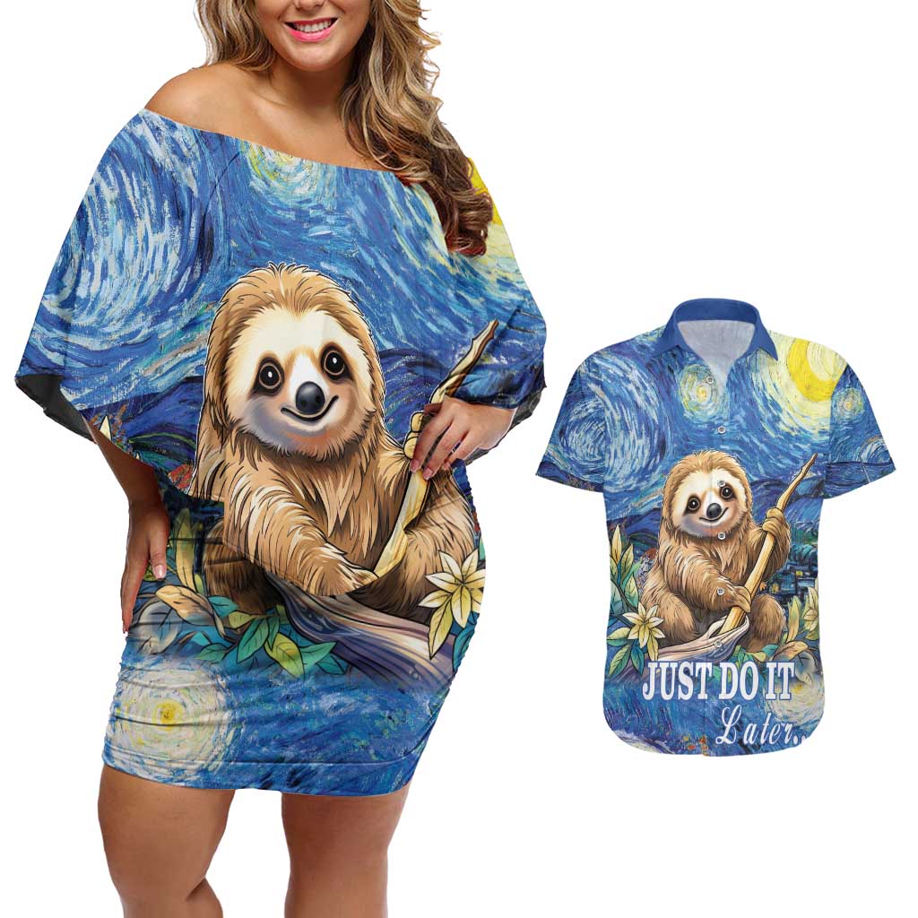 Sloth Starry Night Couples Matching Off Shoulder Short Dress and Hawaiian Shirt I'm Not Lazy - Wonder Print Shop