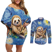 Sloth Starry Night Couples Matching Off Shoulder Short Dress and Long Sleeve Button Shirt I'm Not Lazy - Wonder Print Shop