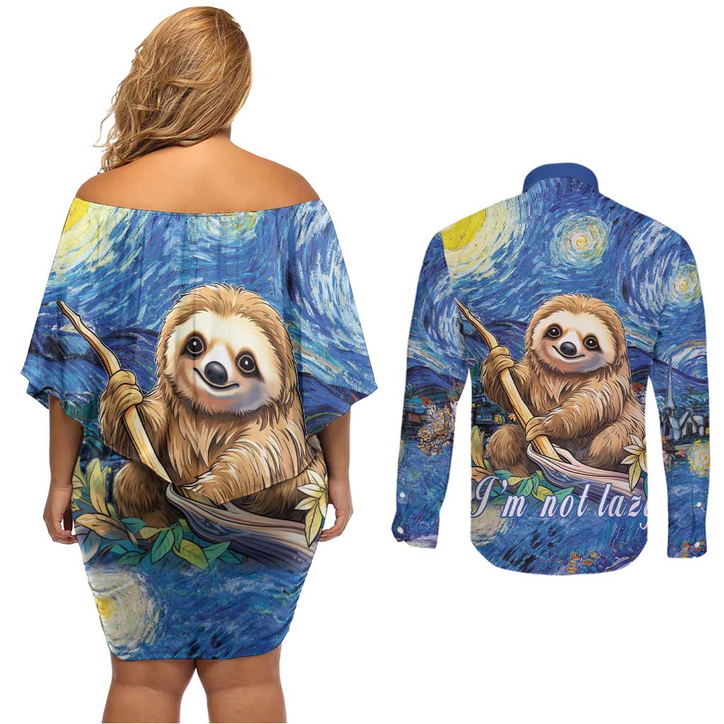 Sloth Starry Night Couples Matching Off Shoulder Short Dress and Long Sleeve Button Shirt I'm Not Lazy - Wonder Print Shop