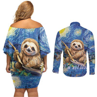 Sloth Starry Night Couples Matching Off Shoulder Short Dress and Long Sleeve Button Shirt I'm Not Lazy - Wonder Print Shop
