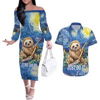 Sloth Starry Night Couples Matching Off The Shoulder Long Sleeve Dress and Hawaiian Shirt I'm Not Lazy - Wonder Print Shop